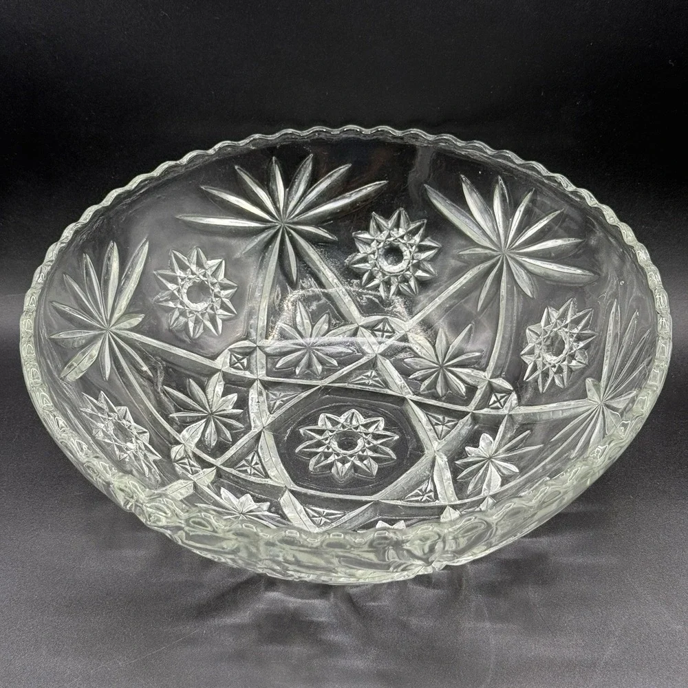 Vintage Anchor Hocking Clear Cut Glass‎ Large Serving Fruit Bowl Star Of David